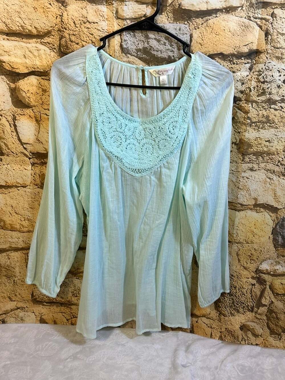 Krazy Kat Light Blue Long Sleeve Peasant Blouse with Crochet Neckline Size XL